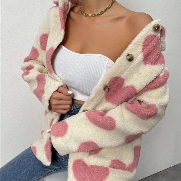 Teddy Sherpa coat jacket heart cream pink fuzzy warm collar winter - Picture 5 of 8